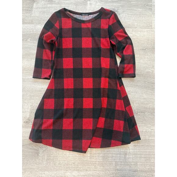 Sweet Claire Baseball Dress Size Large Buffalo Plaid Sleeve Black Red Midi - Picture 1 of 6